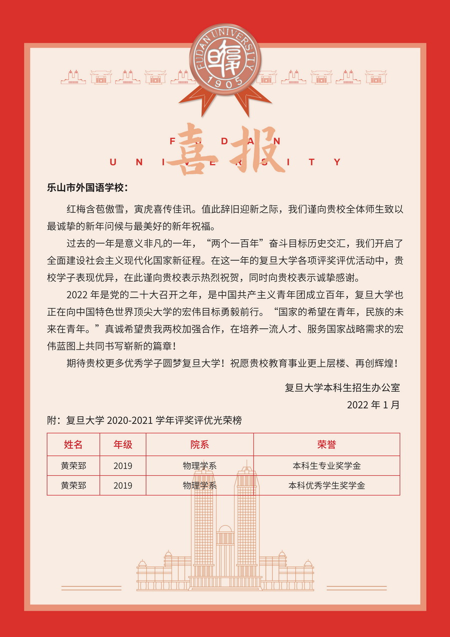 喜报 2019届毕业生黄荣郅 喜获复旦大学奖学金20220118_00.jpg